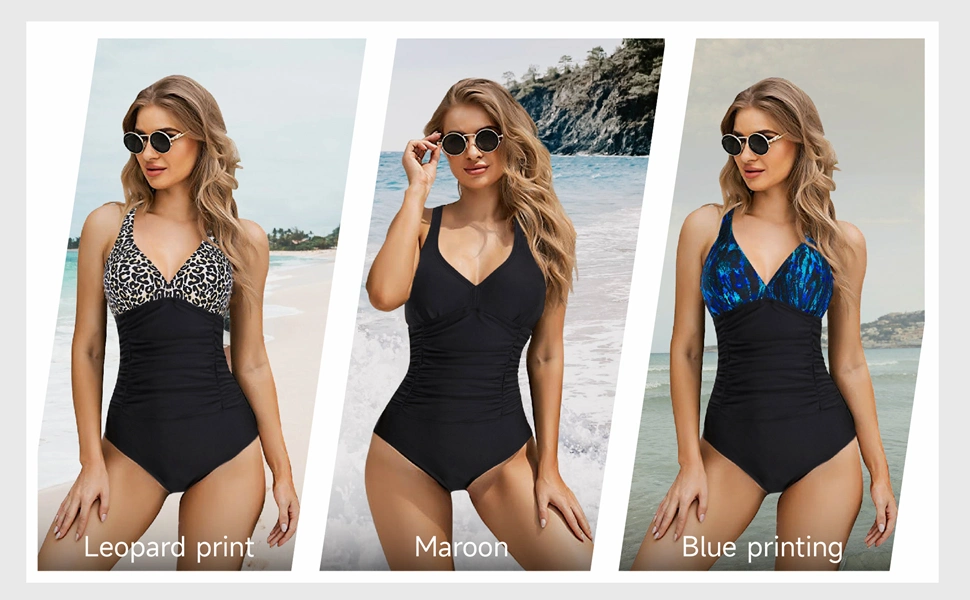 Women V-Neck One Piece Recycle Print Bikini Swimsuits Swimwear for Women Ruched Cross Back BSCI