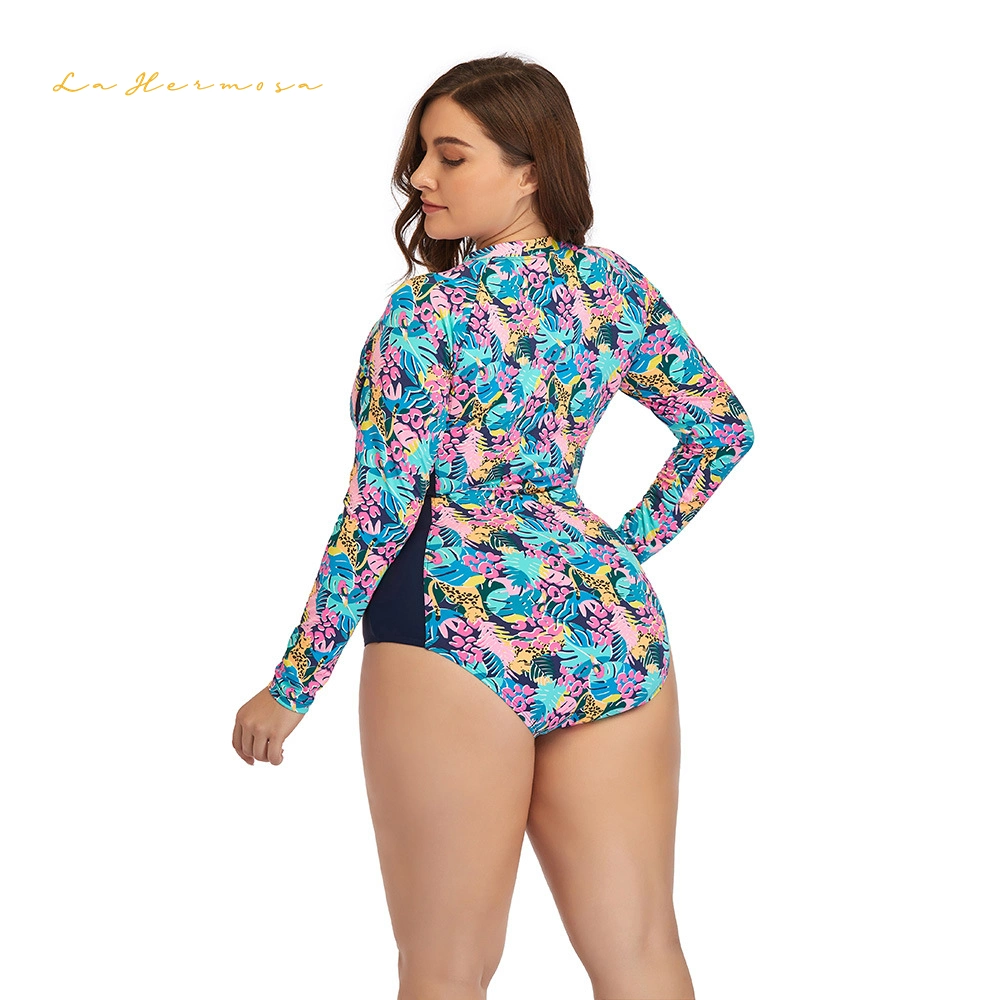 Summer Women Plus Size One-Piece Long Sleeves Zipper Printing Swimwear with Chest Pad Without Underwire Sporty Bathing Suit Wholesale Swimsuit