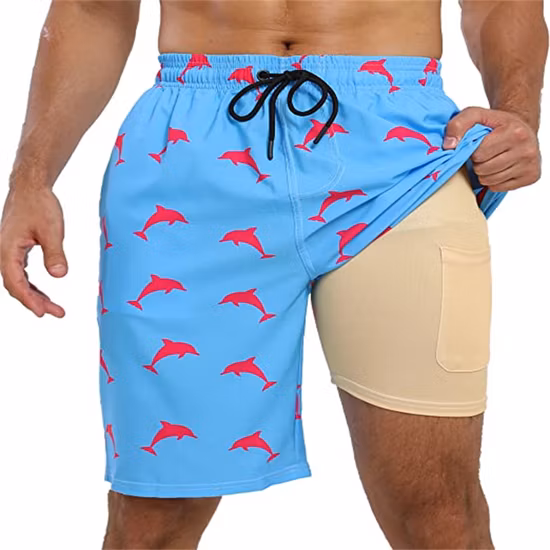 Short de plage à séchage rapide pour hommes Poches zippées sur le coffre Short de bain Doublure en maille Maillots de bain avec impression de poissons